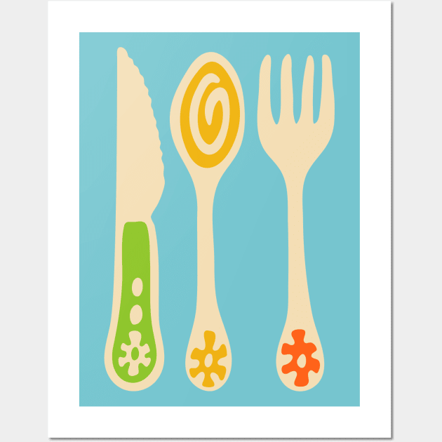 CUTLERY Retro Vintage Kitchen Utensils Knife Spoon Fork in Yellow Orange and Green - UnBlink Studio by Jackie Tahara Wall Art by UnBlink Studio by Jackie Tahara